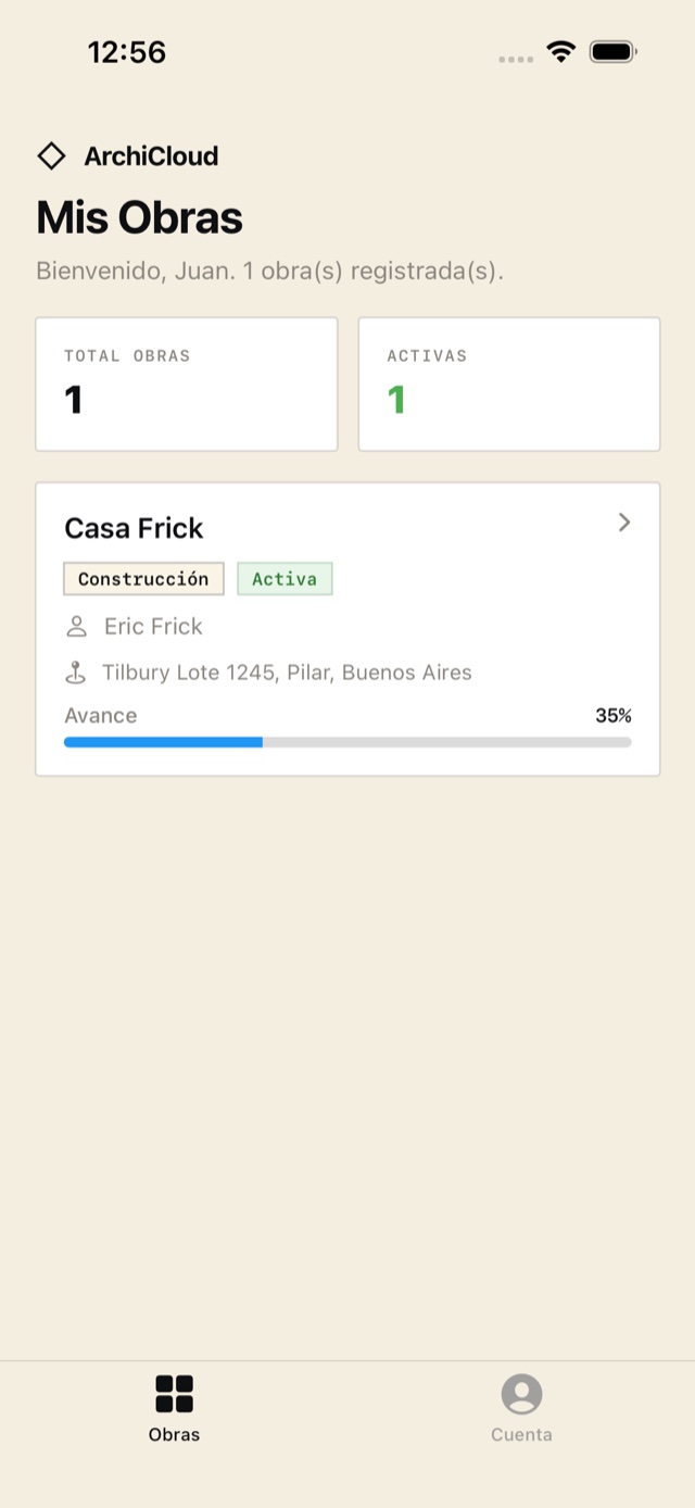 App iOS de ArchiCloud — listado de obras con avance