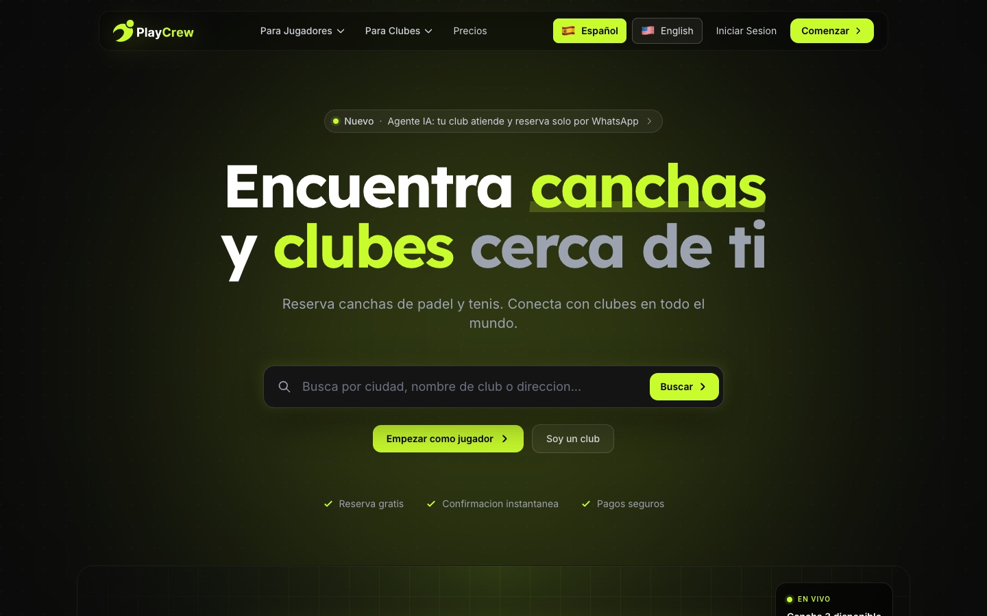 Landing de PlayCrew en desktop